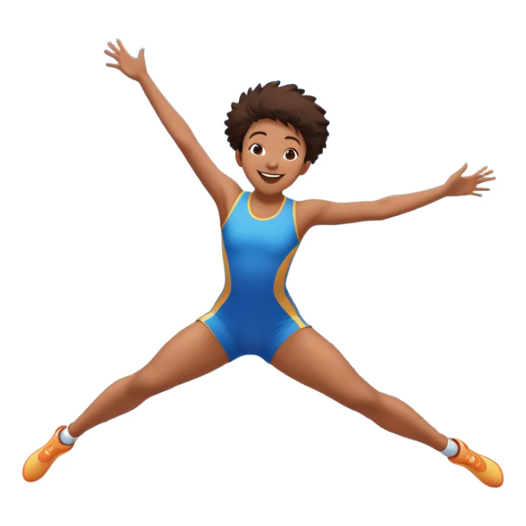 A joyful person mid-air, bouncing high on a trampoline with dynamic motion lines. Their body is stretched in an acrobatic pose, arms wide, legs bent. The scene is full of energy, with a bright blue sky and a fun, playful atmosphere representing excitement and agility. sticker