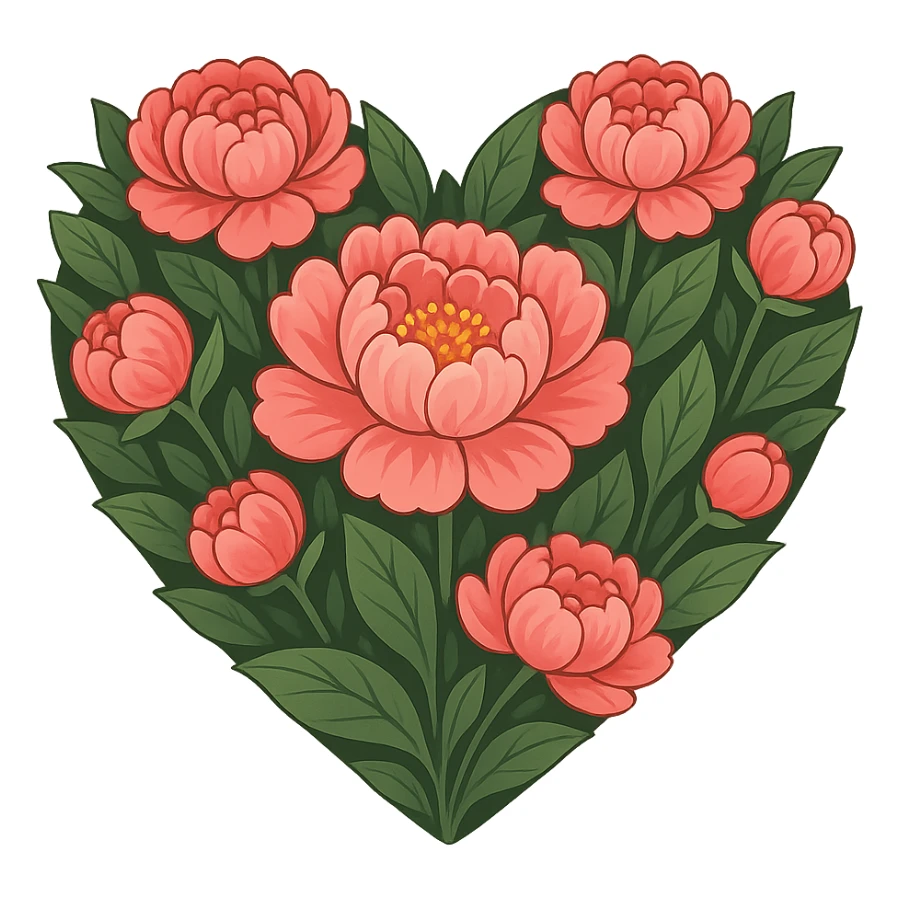 heart with a vibrant peony garden, clean digital illustration, remove background sticker