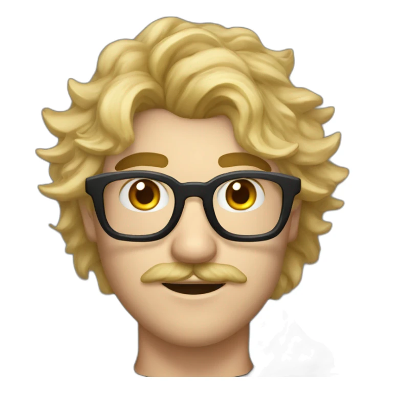 A man with blond messy hair and a mustache, wearing a black squared shaped eye glasses, a black witch hat and black  robe sticker