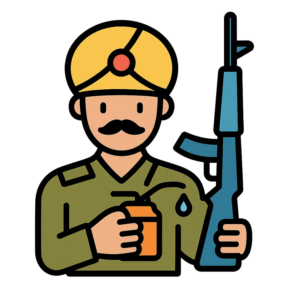 Indian soldier greasing a gun, color icon with black outlines sticker