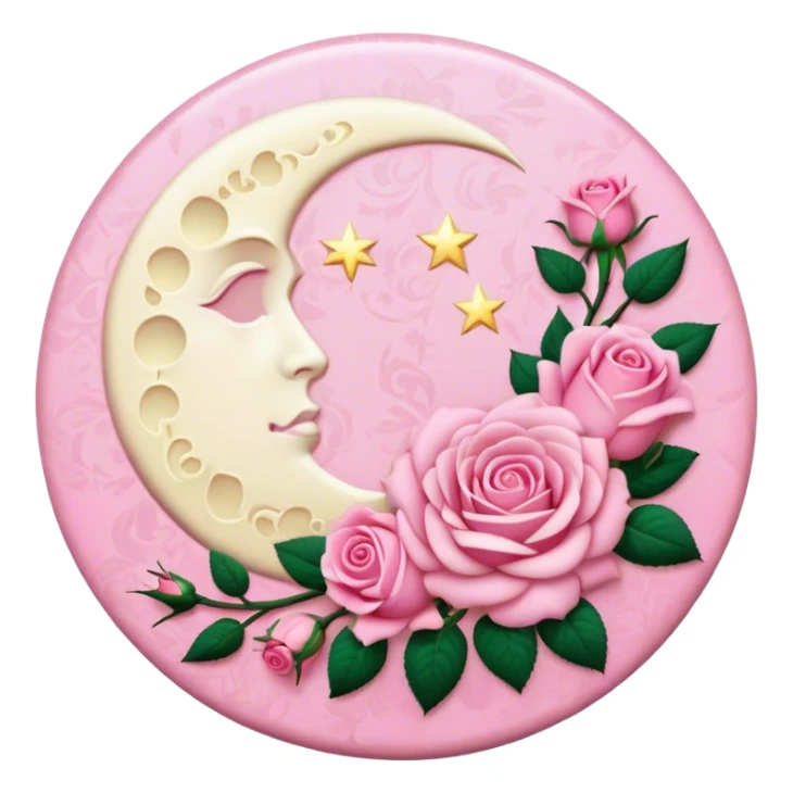 A round pink button with a light cream full damask moon and pink roses in the center sticker