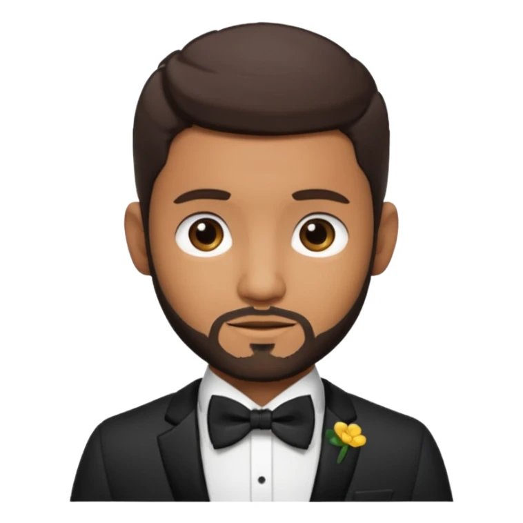 Usher with dark brown hair and short beard, black suit with bow tie sticker