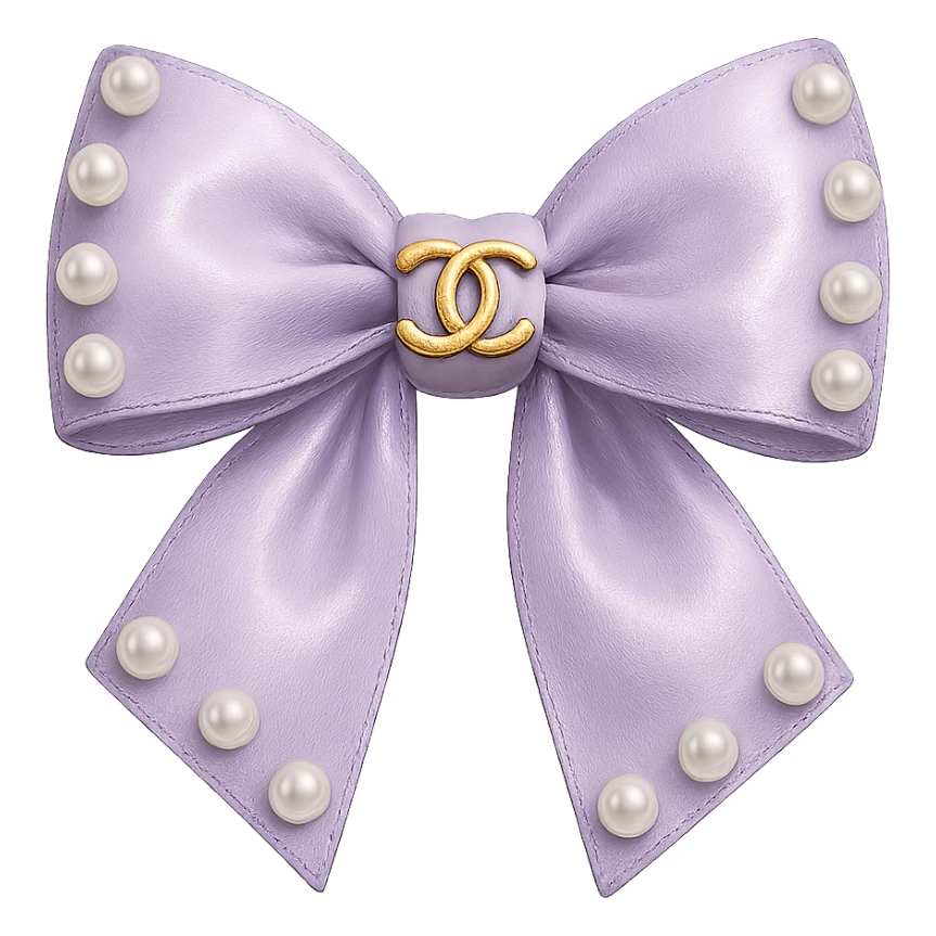 Remove the background, keep only the elegant bow with pearls and gold Chanel logo, glossy, pastel colors, realistic style, with no background. purple sticker