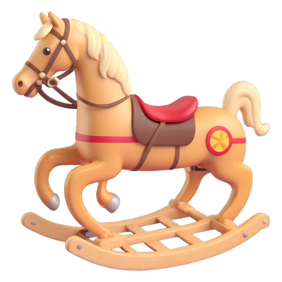 rocking horse, 3D, vintage, light wood, hand-carved details, no text sticker