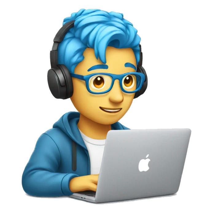 male programer coding in a macBook with headphones and blue hair  sticker