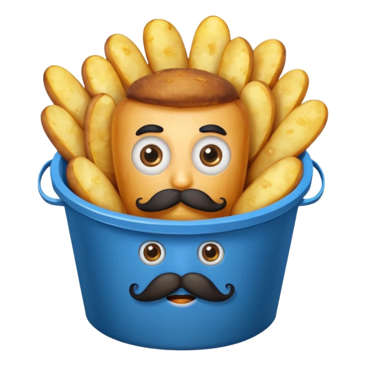 fried potatoes with eyes and mustache, in a blue carton bucket sticker