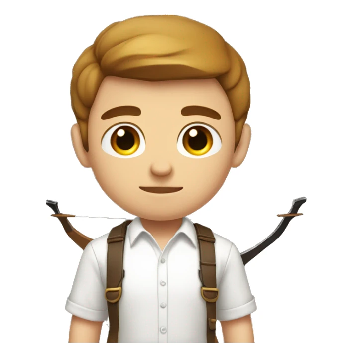 a male, aiming with a bow, facing  his target, eyes closed, wearing a white shirt, very short brown hair, bright skin, only show upper part of the body from waist up sticker