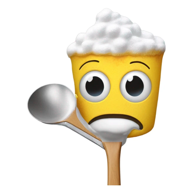 A yellow face with powdered sugar on it. With a spoon below the face with powdered sugar on it. Then connect the spoon to a lighter with fire sticker