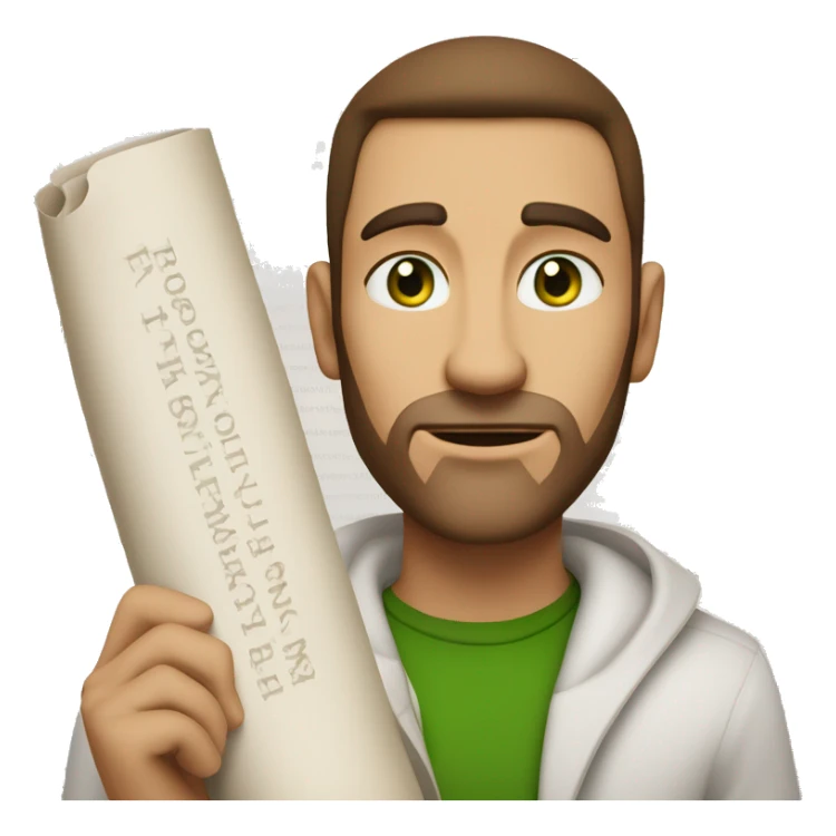 A light-skinned man with piercing green eyes, impeccably styled brown hair, and a confident demeanor holding the long white paper scroll sticker