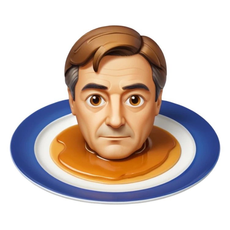 François Fillon's face and head realistically sculpted from flan, shiny caramel hair dripping and glistening, flan texture and color skin, on a white plate sticker