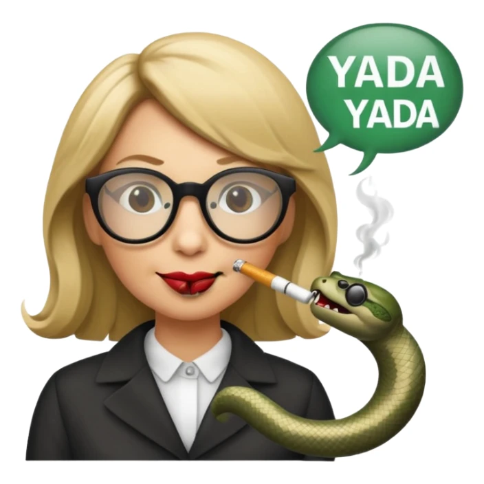can you create a sneaky bitch SNAKE with big glasses smoking a cigarrette? the SNAKE needs to have dirty blonde hair
can you add a text baloon saying "YADA YADA" - it's a snake emoji sticker