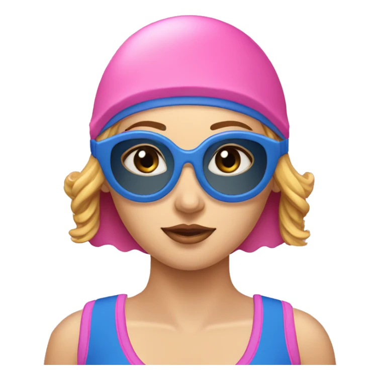 Lady pink swimming cap black lenses googles blue swimsuit  sticker