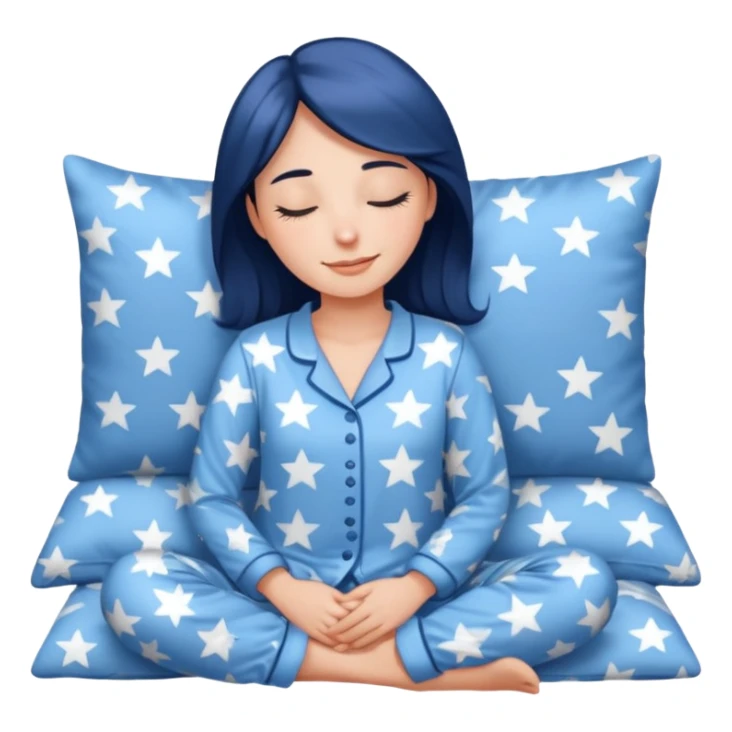 {
      "type": "human",
      "look": "woman in star-print pyjamas, soft blue set, sleepy smile",
      "description": "a woman in soft blue star-print pyjamas smiling sleepily"
    } sticker