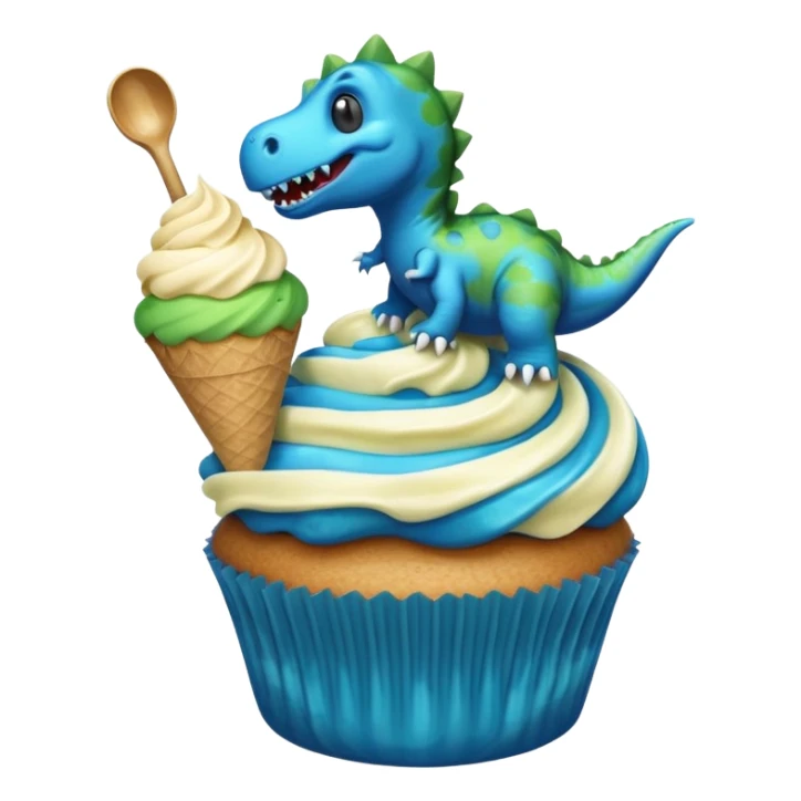 A cupcake having blue and black icing and a dinosaur as a decoration and ice cream next to it sticker