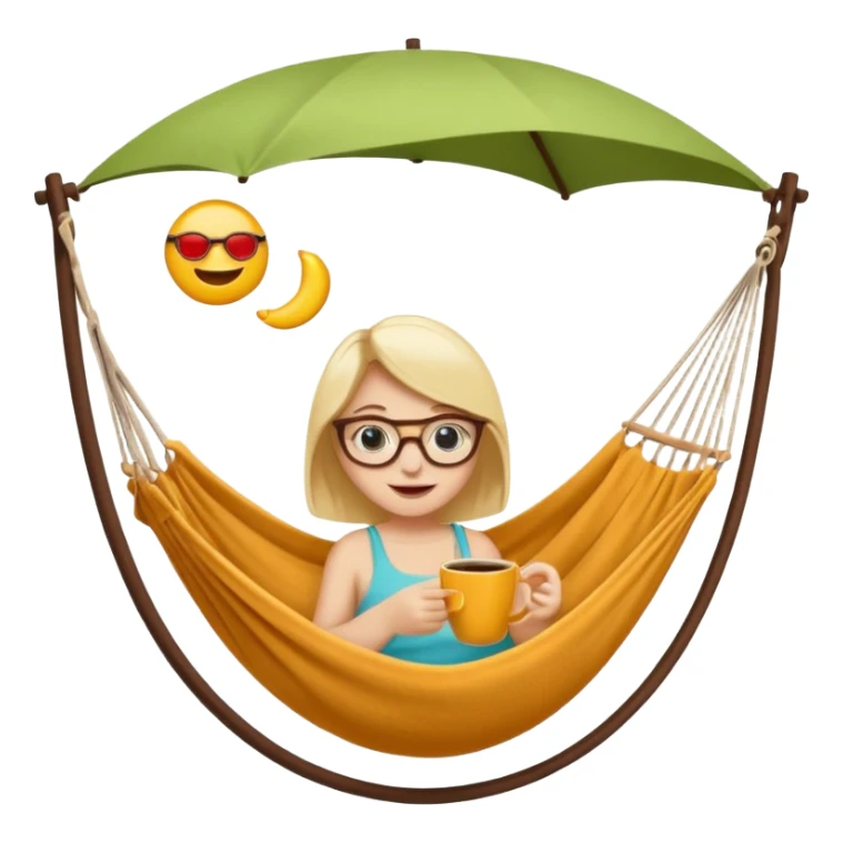 Créer un emoji stylisé et coloré représentant le week-end, joyeux et relaxant. L’emoji doit être rond, lumineux, avec un visage souriant ou des lunettes de soleil. Ajouter des éléments évoquant le repos ou le plaisir : café, hamac, soleil, musique, détente.  sticker