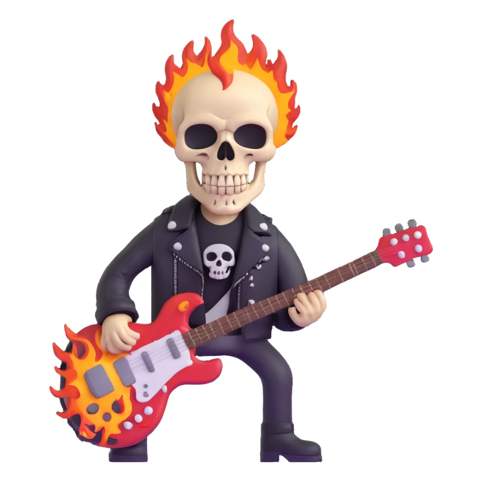 heavy metal skull with flames, electric guitar, leather jacket sticker