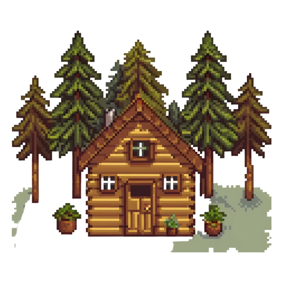 wooden cabin in forest clearing with small garden sticker