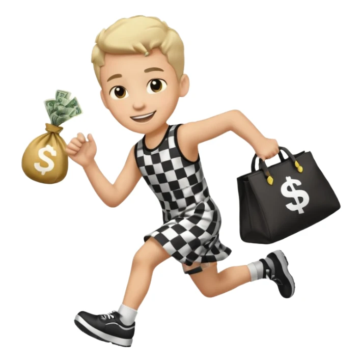Robber running with Money bag black and white check dress boy sticker