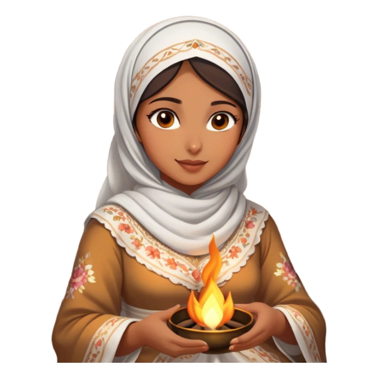 A Arab woman dressed in a beautiful floral traditional outfit with a delicate white headscarf sits by a fire at night. The warm glow of the flames highlights her radiant features, giving the scene a soft, serene, and intimate feel. sticker