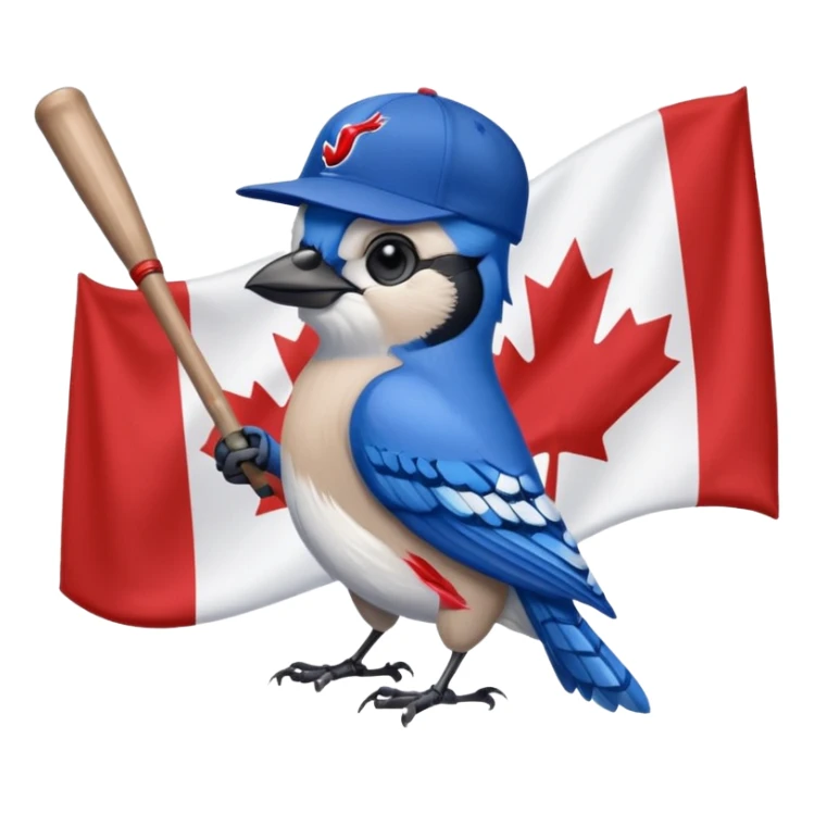 bluejay standing swinging bat, toronto blue jays baseball hat, holding canadian flag
 sticker