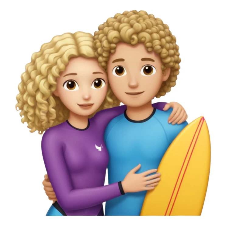 Curly haired brunette hugging blond straight haired surfer dude sticker