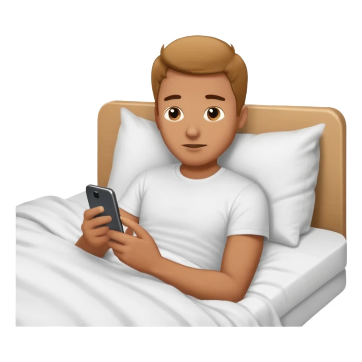 Man emoji lying in bed looking at his phone sticker