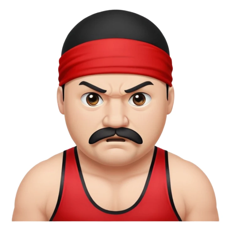 White skin fat guy with prominent black durag, short black beard and mustache, black eyes in a red and black wrestling singlet with angry face sticker