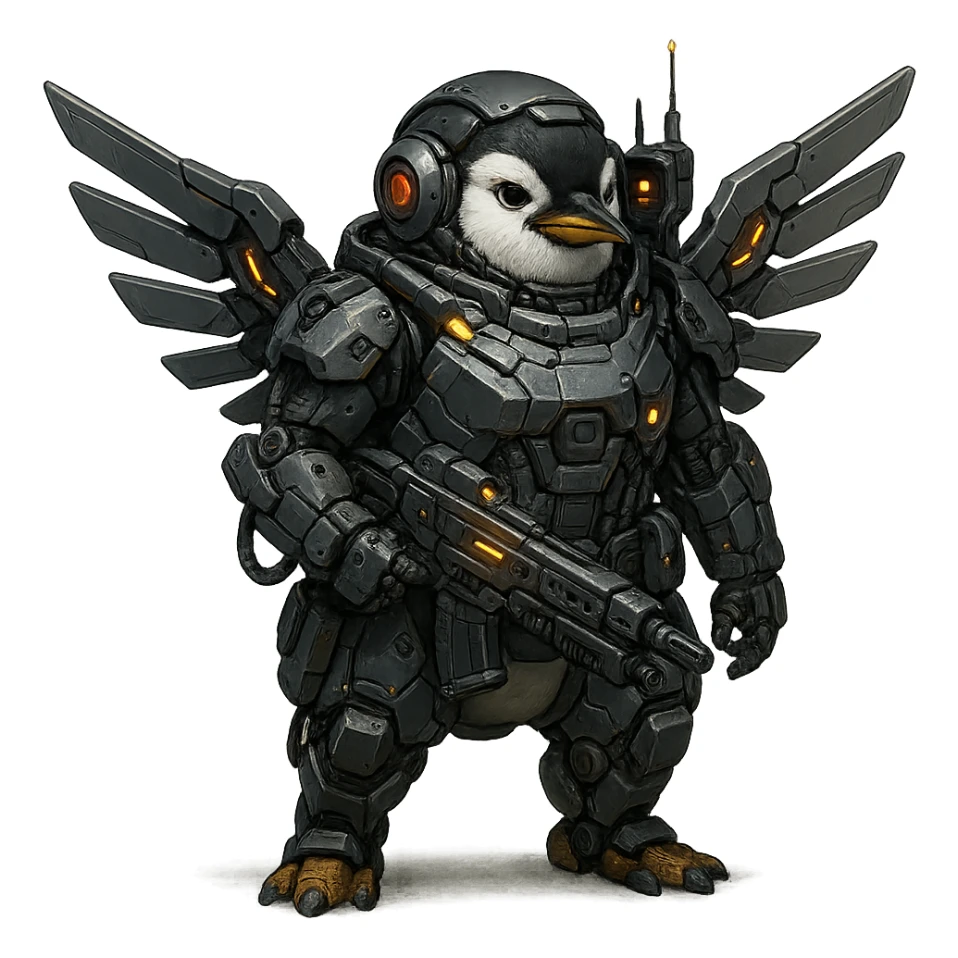 a penguin as a space soldier and cyborg, armored suit, robotic wings, high-tech gadgets sticker