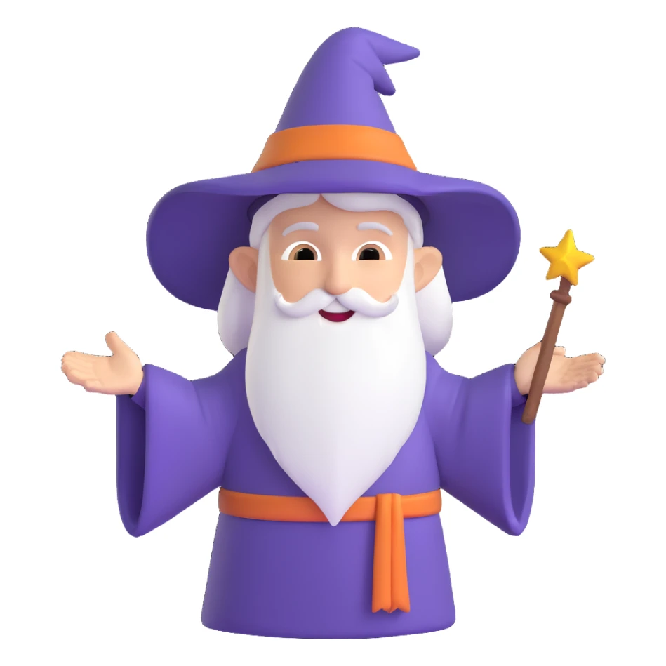 strange wizard, memoji style, wearing mismatched robes and a crooked hat sticker