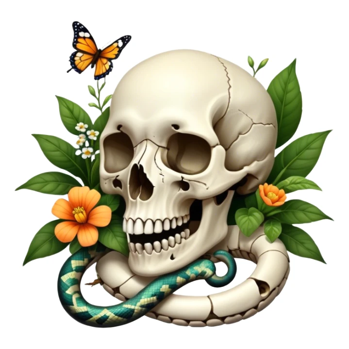 Bird skull with plants, flowers, snake, butterflies  sticker