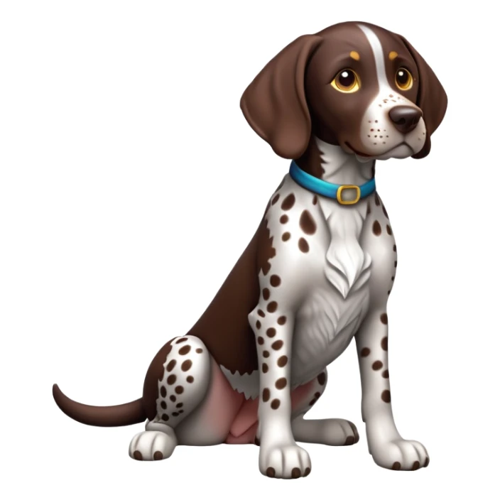 cinematic-[german pointer]-realistic-full-body-sitting-emoji,-tail-resting-loosely-beside-its-paws,-head-tilted-dramatically,-sleek-[brown and white spotted]-fur,-simplified-yet-realistic-focused-features,-highly-detailed,-glowing-with-an-almost-sarcastic-glow sticker