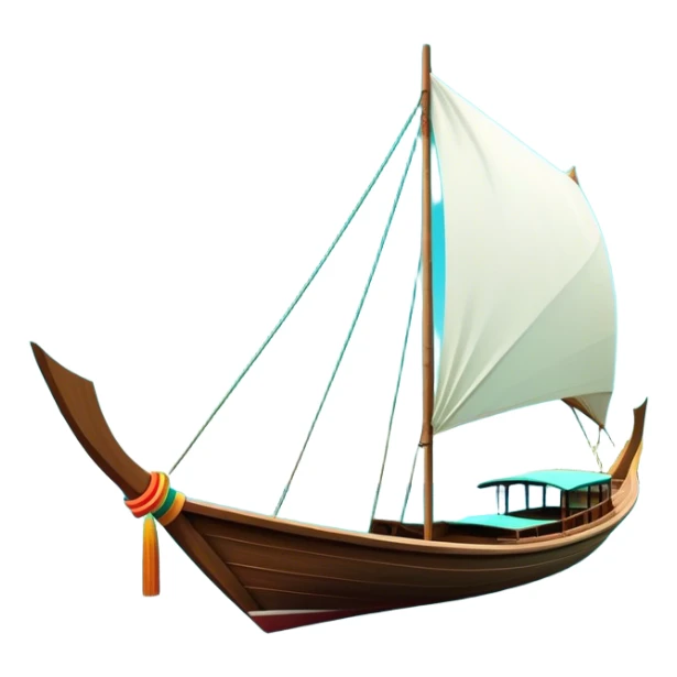 ​Cinematic Realistic Authentic Thai Longtail Boat, depicted as a traditional wooden longtail boat with a sleek, elongated hull and a brightly painted canopy, its long tail fin cutting gracefully through turquoise waters under a clear tropical sky, rendered with vibrant textures and dynamic natural lighting that captures its rustic charm and cultural heritage, sticker