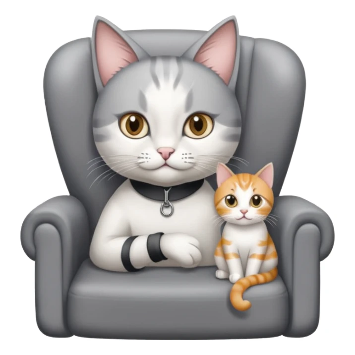 grau weiße Katze sitzt auf einem Sessel mit Stift und Block in der Hand sticker