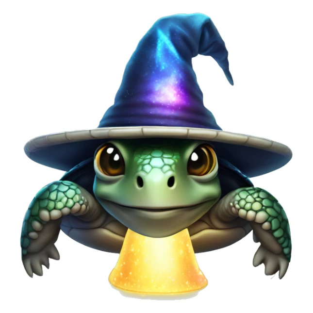 Dark iridescent sea turtle glowing with a wizard hat sticker