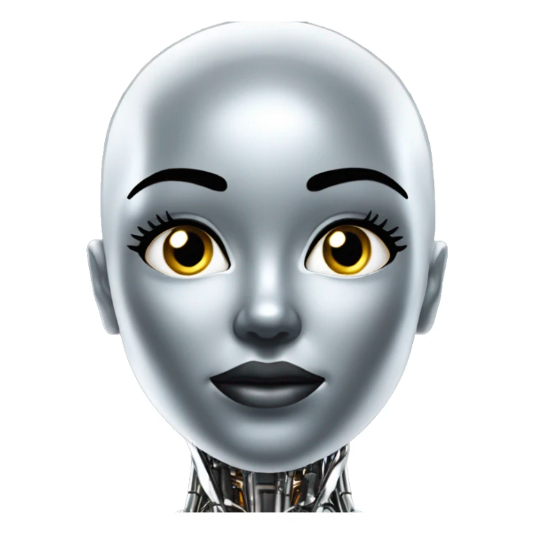 Create a bald female robot in chrome metal color in a futuristic environment sticker