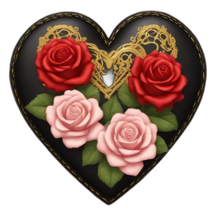 black leather heart and roses with red lace overlay and gold border sticker