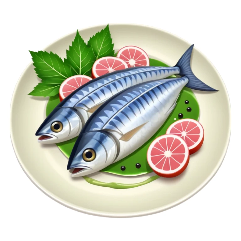 mackerel sashimi on a plate with shiso leaf and wasabi sticker