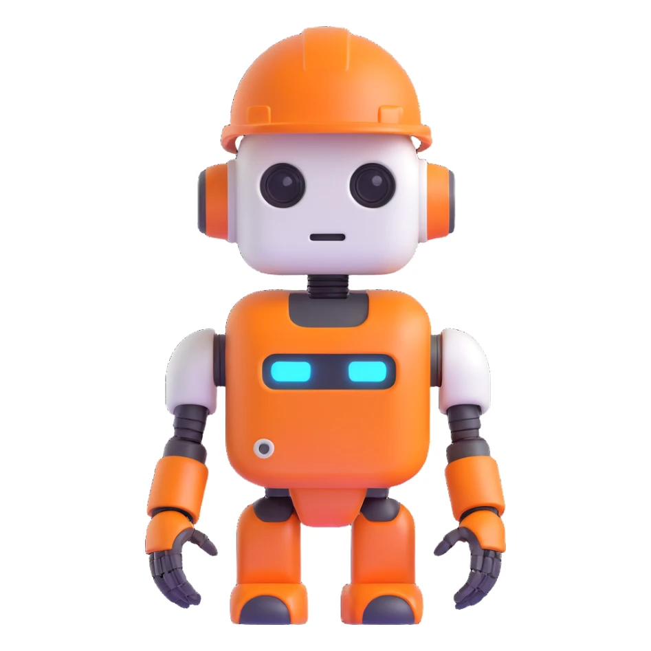 3D cartoon face of a construction AI agent, robotic with human-like features, orange hard hat, cheerful, digital accents sticker
