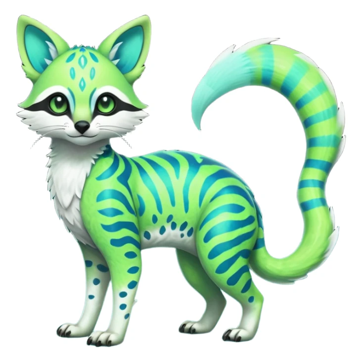 Rare realistic iridescent neon lime-green & cyan white gradients lush tropical exotic cute epic pretty beautiful handsome gorgeous aesthetic colorful vibrant Vernid-Protogen-Primagen-Wickerbeast-Genet-Trico-species-Fakemon-hybrid-creature by LiLaiRa, beautiful intricate markings, full body sticker