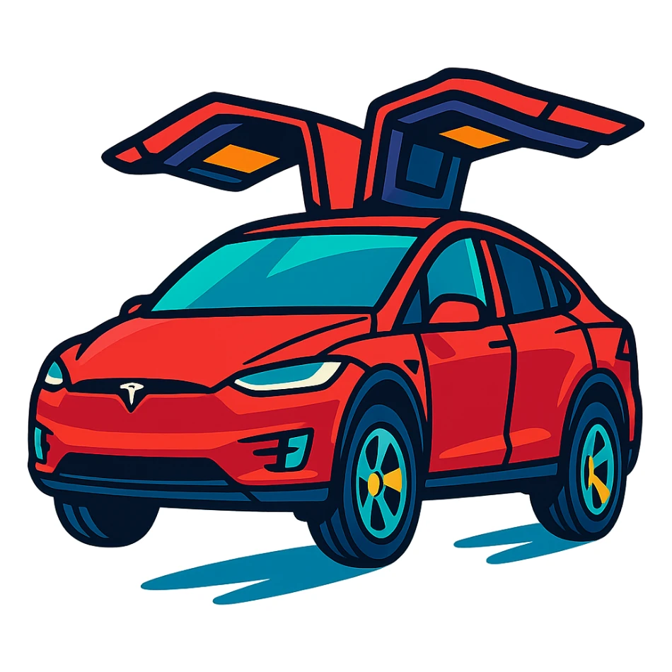 red Tesla Model X, falcon doors raised, driving left to right, slightly upward angle, vibrant cartoon style sticker