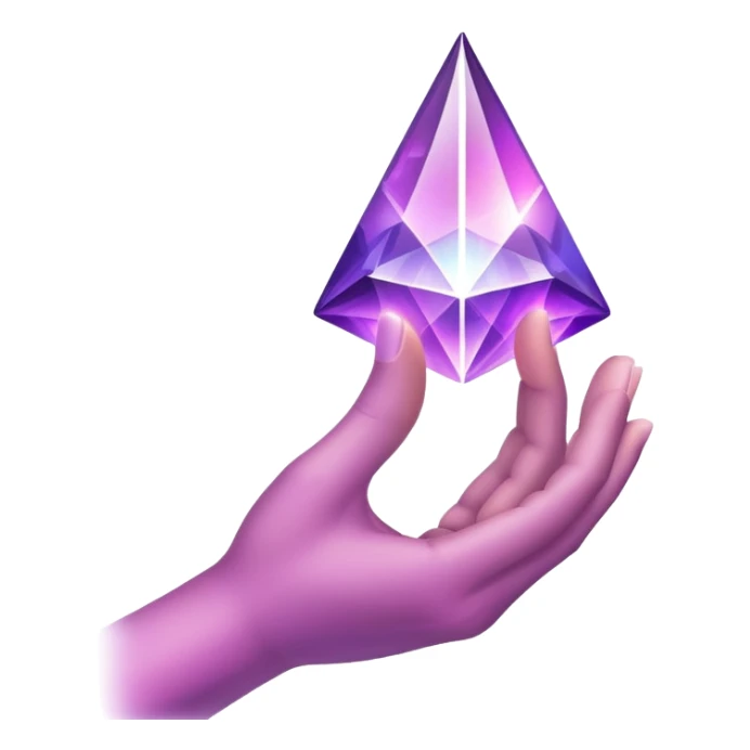 Pov white tone skin hand holding a purple glowing prism refracting light.  Only the hand should be displayed, nothing else.  sticker