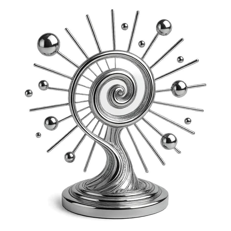 abstract chrome spiral with radiating lines and floating spheres, symbolizing the process of thought sticker