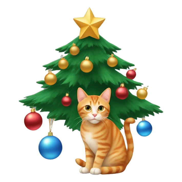 a Christmas tree with baubles and a ginger cat underneath sticker