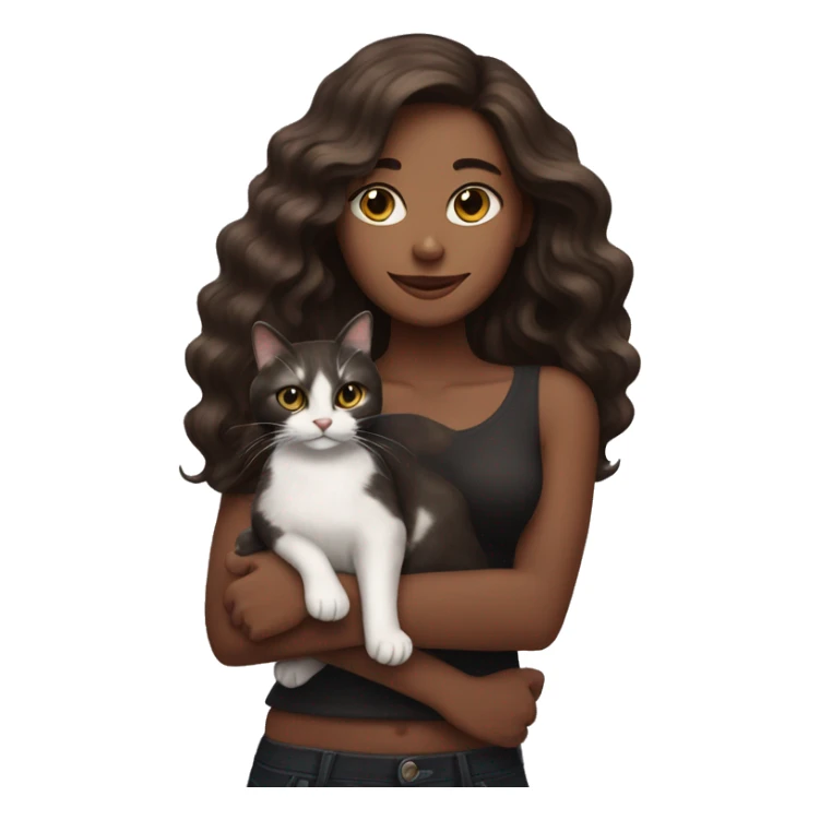 long wavy haired brown skin woman holding black and white cat sticker