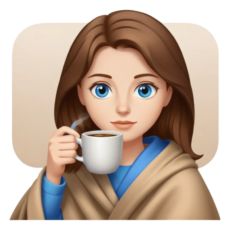 Brown hair with blue eyes lady wearing light brown blanket drinking coffee  sticker