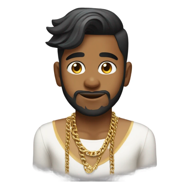 indian boy, with low taper fade and fluffy hair striahgt, , and a started beard, wearing gold chains, with earing.\ sticker