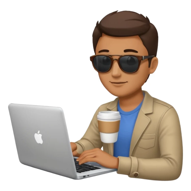 man wearing sunglasses holding a coffee cup and working on a laptop sticker
