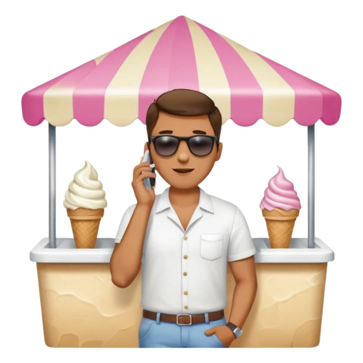 a man standing behind an ice cream stand. he is talking on his phone sticker