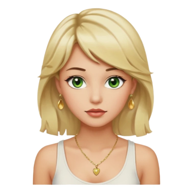 Girl with green eyes, blonde slightly wavy hair, sideswept bangs, darker roots, white but a bit tan, wearing white tank top, golden necklace and gold earrings, rosy cheeks and blushed lips sticker