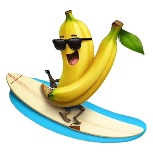 banana with sunglasses riding a surfboard while playing a guitar sticker